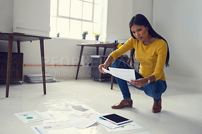 Buy stock photo Woman, document or planning in business with tablet, article trends or review in creative office. Writer, admin and paperwork in agency for journalist update, topic research or graphs for reading