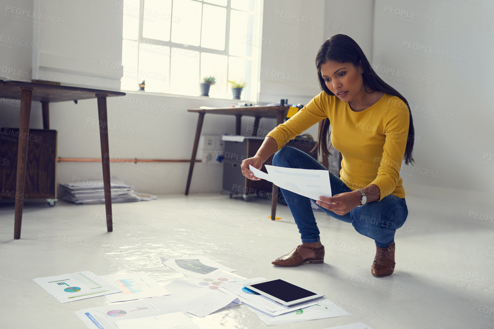 Buy stock photo Woman, document or planning in business with tablet, article trends or review in creative office. Writer, admin and paperwork in agency for journalist update, topic research or graphs for reading