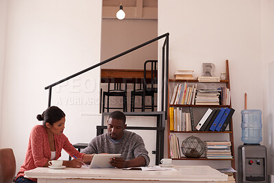 Buy stock photo Reading, info and people with tablet, office and team with campaign results, online and copywriting. Serious, man and woman with tech for article, email marketing and checking ads on social media