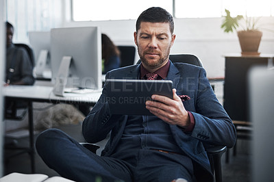 Buy stock photo Investor, office and business man on tablet for investment, stock market and trading research. Coworking, reading and person on digital tech for fintech report, financial planning and risk assessment