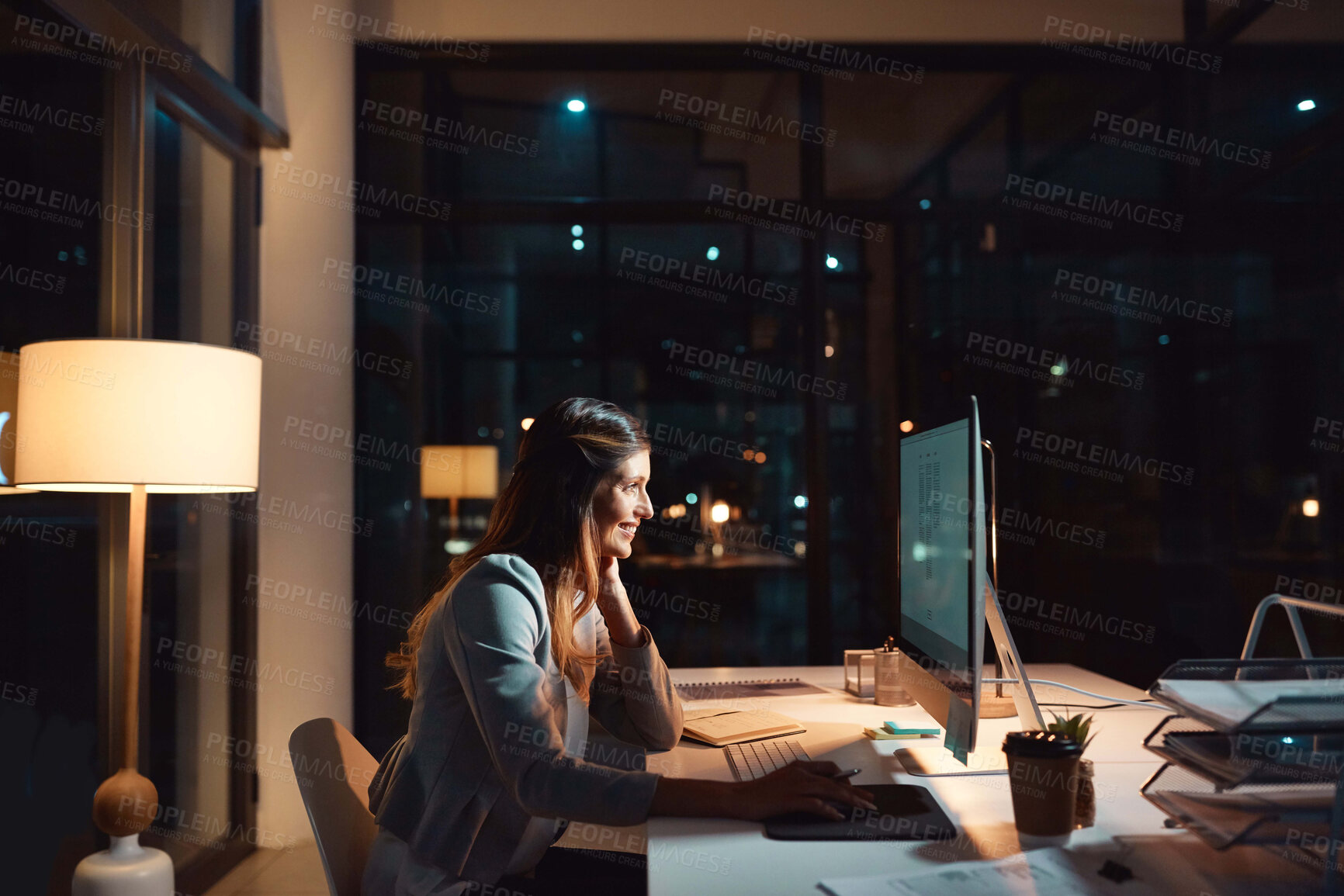 Buy stock photo Night, woman and PC with reading in office for market timing, price targets and trade execution. Global trader, person and happy with computer for profit alert, performance results and investment app