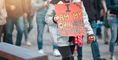 Buy stock photo People, protest and billboard with sign for immigration, human rights or freedom to commute in society. Activist, community or group in rally with poster or board for riot or outdoor march together