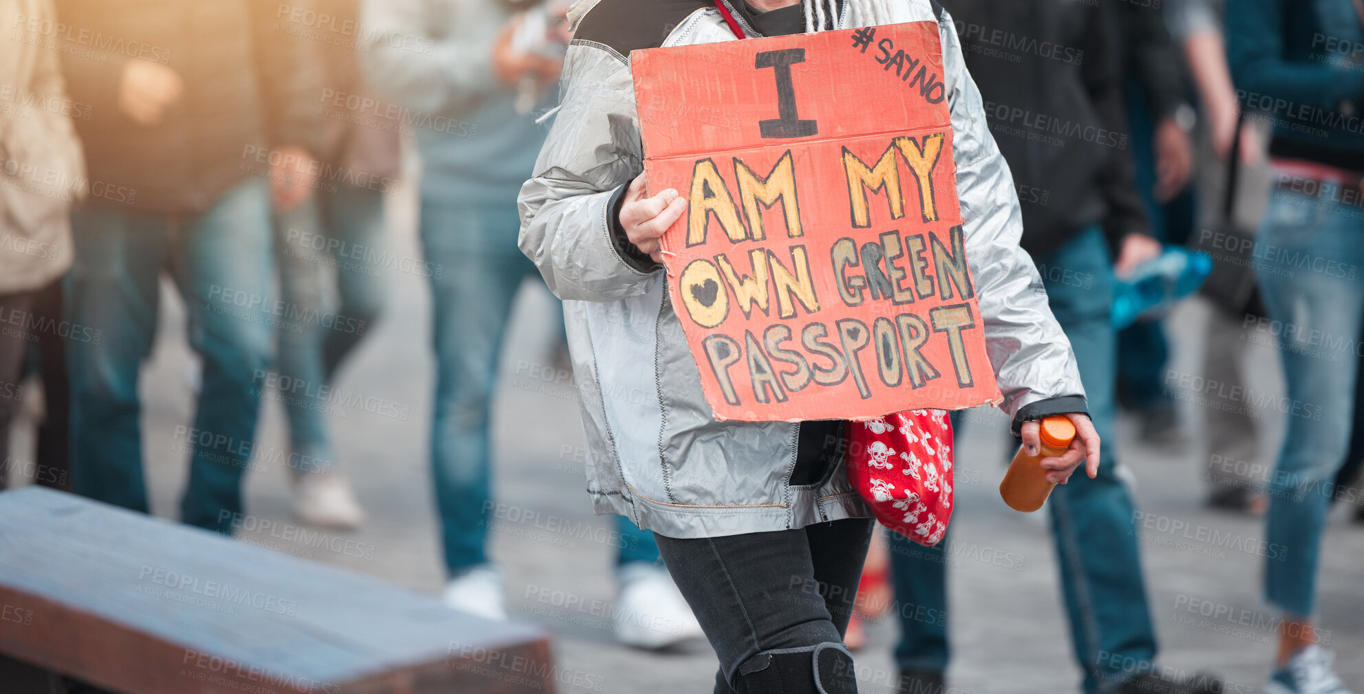 Buy stock photo People, protest and billboard with sign for immigration, human rights or freedom to commute in society. Activist, community or group in rally with poster or board for riot or outdoor march together
