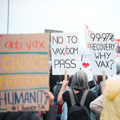 Buy stock photo People, protest and poster in group for vaccine, opinion or sign for corona, medical and human rights. Crowd, support and fight to stop pharma crime for choice, decision or covid with voice in city