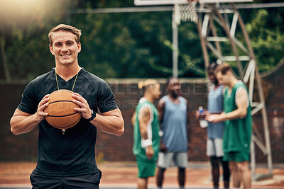 Buy stock photo Outdoor basketball court, coach and happy man portrait training, collaboration and sports for college athlete team, professional player and fitness group. Proud, smile and teaching expert game skills