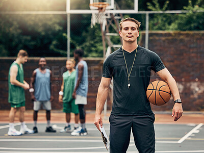 Buy stock photo Coach, man and basketball portrait on court training for match, game or competition. Exercise, sports and mindset, vision and motivation of trainer in Canada for workout fitness, wellness and health.
