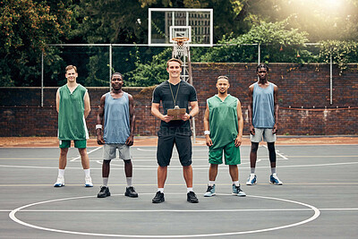 Buy stock photo Basketball, sport and team with a coach training his players on a court outdoor during summer. Teamwork, fitness and exercise with a sports group of male athletes ready for a workout or game