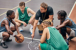 Basketball, team and sport teamwork coach match planning  of a fitness exercise and game. Motivation, athlete training and sports workout of people ready to start cardio together on a outdoor court