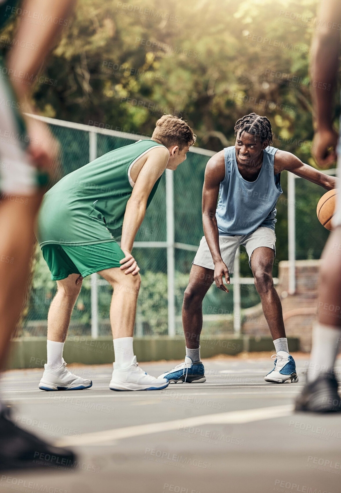Buy stock photo Men play basketball, team training exercise and sports match. Outdoor basketball court for a group exercise, fitness and workout for competition win. Teamwork, motivation and energy for sport success