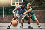 Basketball sport, outdoor game and men training on court for professional event with energy together. Athlete team playing fast sports in collaboration with action for exercise, workout and health