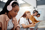 Education, headphones and black woman in university on laptop, typing notes and studying for test. Learning, college and female listening to music, educational podcast or radio working on project.