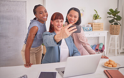 Buy stock photo Teamwork, phone and business woman taking selfie on break, relax and smile in creative workspace. Support, collaboration and happy female workers using smartphone for picture in eco friendly office