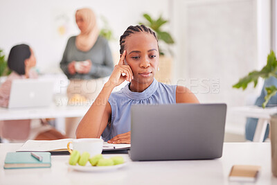 Buy stock photo Laptop, thinking and black woman in business, planning and working online, strategy ideas or internet search, website technology and office desk. Young employee, reading email or computer pc analysis