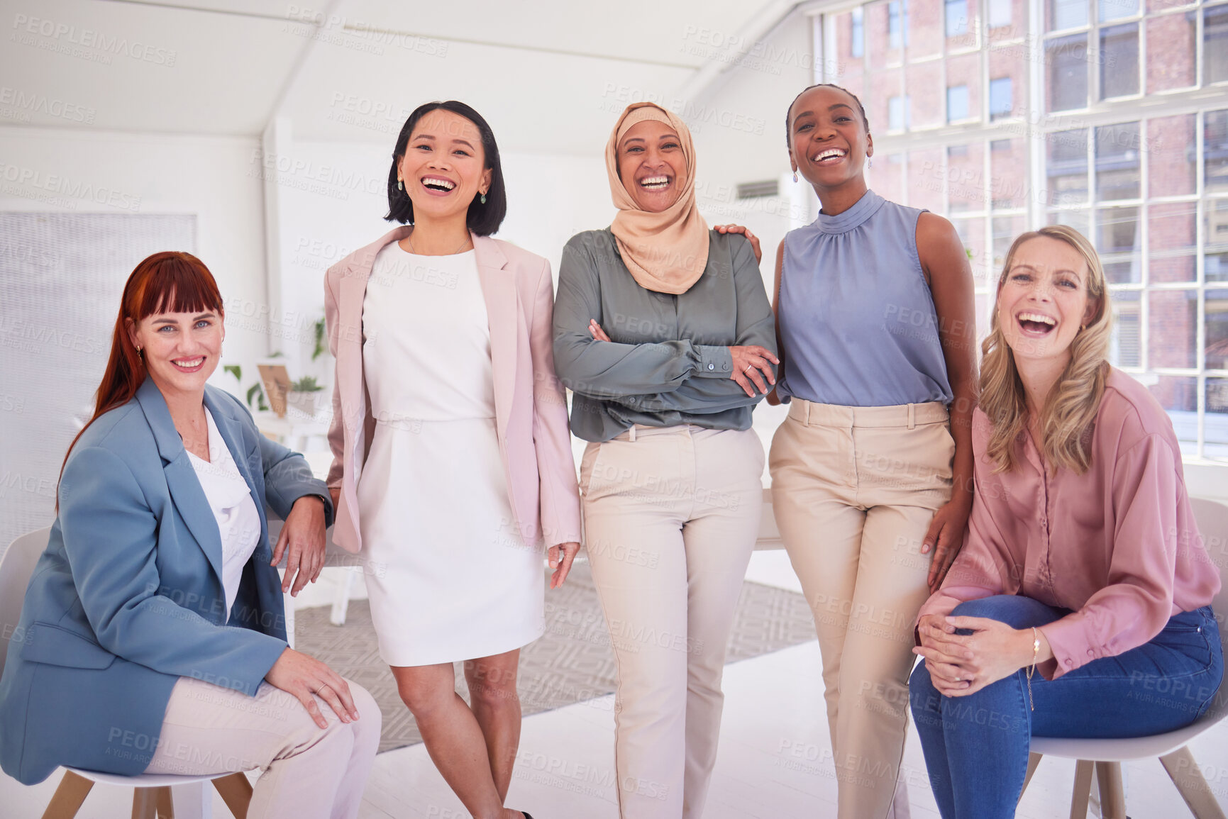 Buy stock photo Diversity, women and portrait of a team in the office in meeting, team building or project planning. Happiness, collaboration and work friends standing together in their coworking space in workplace.