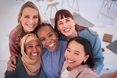 Buy stock photo Creative business people, diversity and smile for selfie, meeting or team building at the workplace. Portrait of happy group of employee workers smiling together in teamwork for photo at the office