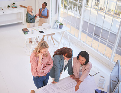 Buy stock photo Interior design, architecture teamwork and creative women planning, meeting or talking ideas, engineering and strategy. Top view of designer collaboration, blueprint innovation and project management