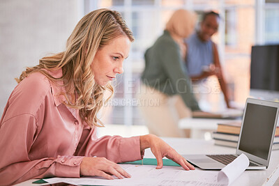 Buy stock photo Interior design, architecture and blueprint with woman planning ideas, drawing and construction, engineering and strategy in agency. Female manager, project management and paper floor plan in office 