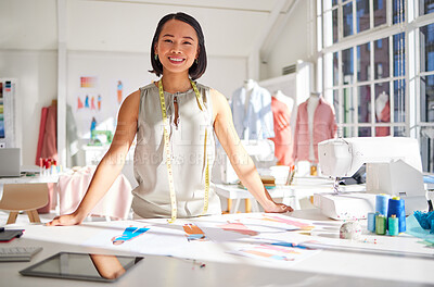 Buy stock photo Portrait, fashion and designer with paper, drawing or sketch while planning style, tailor and texture in studio or workshop. Asian woman, smile and happy with career, small business or career vision 