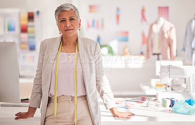 Buy stock photo Fashion, designer and creative with portrait of business woman in workshop studio for tailor, management and textile industry. Factory, boutique and retail with employee with tape for luxury and idea
