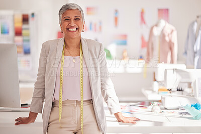 Buy stock photo Black woman, fashion and clothes designer portrait, happy about creative studio success. Smile of seamstress manufacturing teacher ready for professional tailor and small business work with clothing
