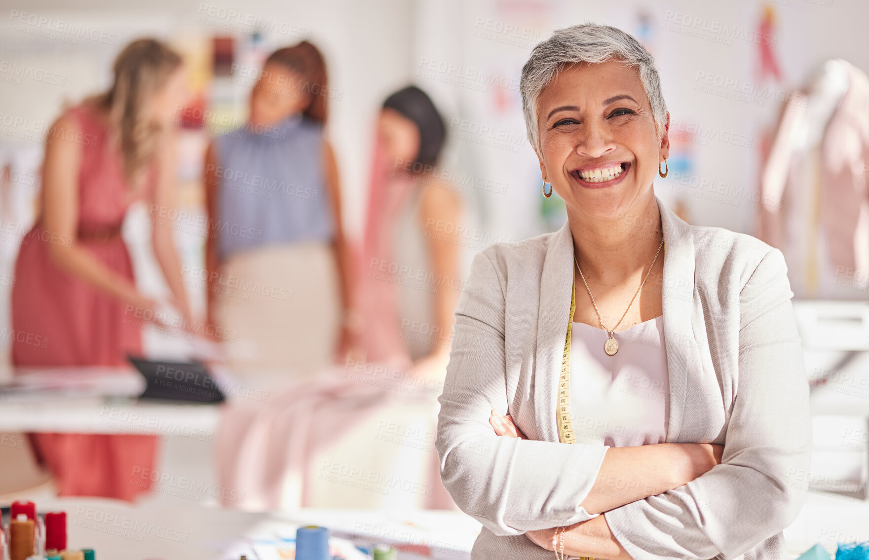 Buy stock photo Portrait, woman and fashion tailor, smile and happy with small business, growth, vision and success arms with crossed. Mature designer, pride or happiness in workshop, staff planning or retail target
