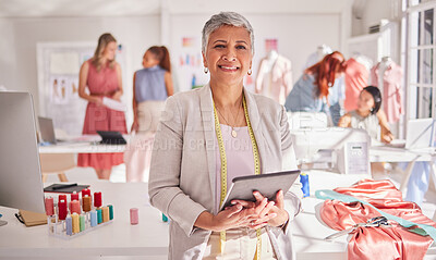Buy stock photo Fashion, designer and senior woman proud of small business, startup and creative space for team. Portrait, fashion designer and elderly lady excited for business success, vision and goal satisfaction