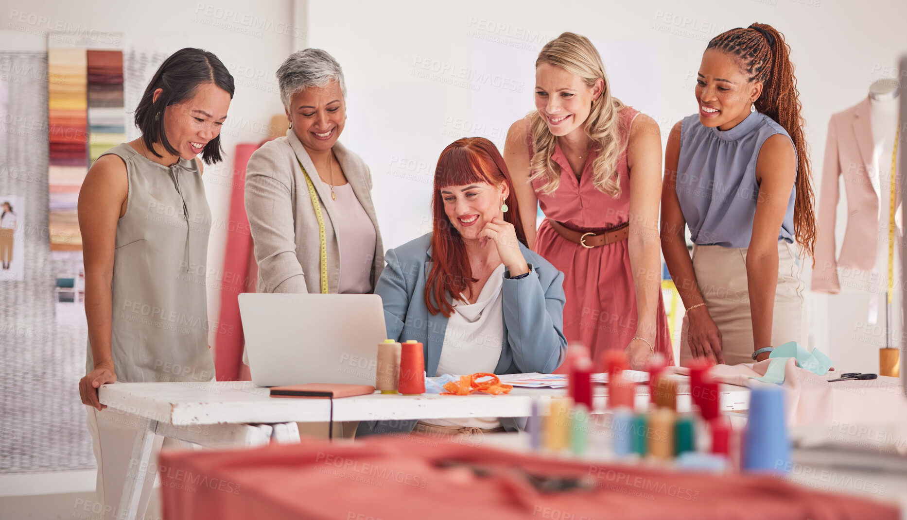 Buy stock photo Business people, laptop and fashion meeting for marketing, clothing or ecommerce at the office. Group of employee designers working on computer for online advertising, clothes or brand at workplace