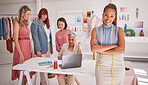 Black woman, fashion designer small business team in workshop, startup and creative textile studio. Portrait of happy seamstress, dressmaker and production manager working in manufacturing company 