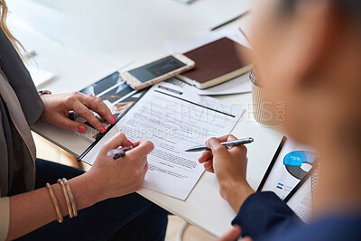 Buy stock photo Signature, planning and business people with a contract for employment, deal and agreement. Meeting, legal and corporate employees reading and writing on a professional document for an application