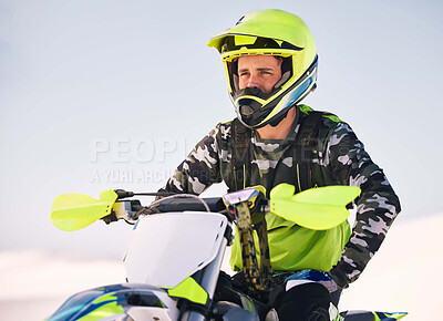 Buy stock photo Sports, desert and man on motorbike thinking about race training, workout and challenge on sand. Extreme transport, travel and cyclist with helmet on motorcycle for adventure, freedom and adrenaline