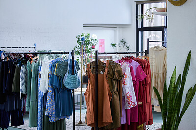 Buy stock photo Fashion, retail and clothes in store for shopping choice, decision and option in boutique. Luxury designs, rack and display of clothing, material and textile products for sale, deal and discount