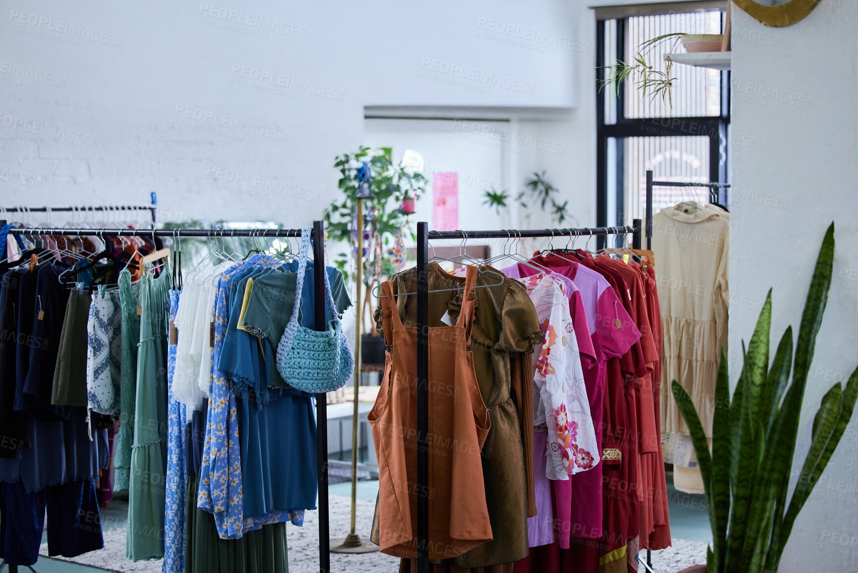 Buy stock photo Fashion, retail and clothes in store for shopping choice, decision and option in boutique. Luxury designs, rack and display of clothing, material and textile products for sale, deal and discount