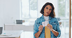 Gender equality, pay gap and woman with a sign in the office with a female and male symbol. Business, equity and girl employee with a feminism card in protest for equal salary, opportunity and equity