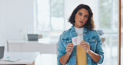 Buy stock photo Woman, protest and paper with gender equality in hand for income, equity and fair salary opportunity and human rights. Justice, symbol and person with poster or card for feminism sign at workplace