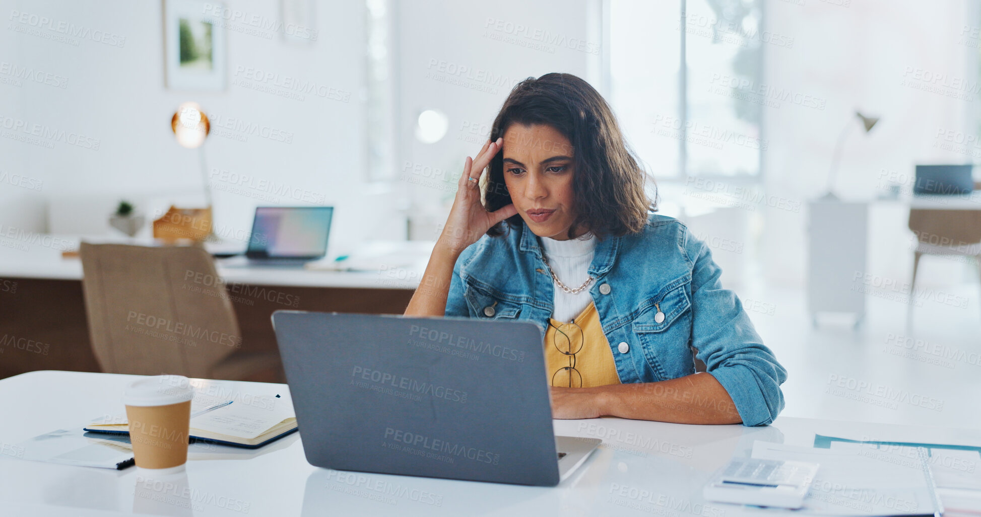 Buy stock photo Business, thinking and woman with a laptop, problem solving and connection with digital apps, ideas and brainstorming for a project. Person, administrator or employee with a pc, planning and decision