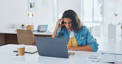 Buy stock photo Business, laptop and woman with a headache, burnout and overworked with glitch, financial audit and depression. Person, administrator and employee with a pc, mental health and migraine with fatigue