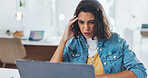Employee, laptop and woman with a headache, stress and overworked with burnout, financial audit and depression. Person, administrator and consultant with a pc, anxiety and migraine with fatigue