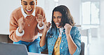 High five, laptop or happy employees with success in celebration of digital marketing SEO goals or kpi target. Bonus, wow or excited black woman or girl winner celebrate winning, email or good news