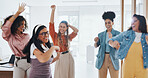 Business people, happiness and dance in office at work for celebration, target and team building with energy. Employees, success and marketing with excited women for growth, start up and career