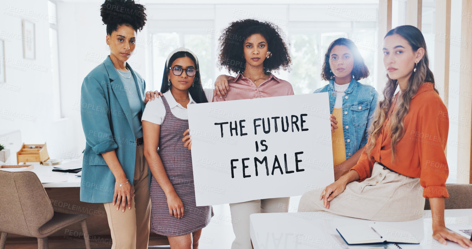 Buy stock photo Women with sign, portrait and human rights, gender equality in workplace with inclusion, justice and change. Revolution, professional activism for equal pay with empowerment, feminism and protest
