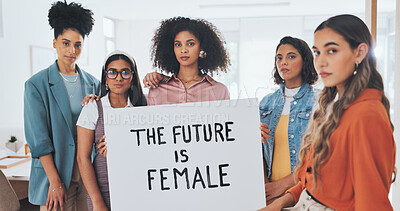 Buy stock photo Women with poster, portrait and human rights, gender equality in workplace with inclusion, justice and change. Revolution, professional activism for fair wages with empowerment, feminism and protest