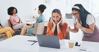 Buy stock photo Teamwork, yes and laptop with business people in office for bonus, celebration and winner. Promotion, success and target with women and cheers in creative agency for achievement, profit and goals