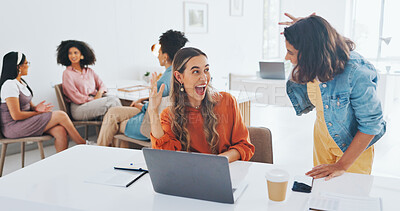 Buy stock photo Success, teamwork and laptop with business people in office for bonus, celebration and winner. Promotion, growth and target with women and cheers in creative agency for achievement, profit and goals