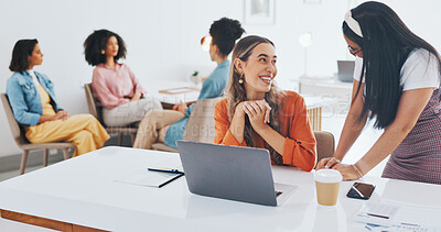 Buy stock photo Happy, talking and coworking employees in an office for communication, meeting or discussion. Smile, friends and business woman at a desk for an email on a laptop, training or advice in an office