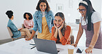 Laptop, success or women high five at work in celebration of digital marketing sales goals or kpi target. Happy, winner or excited employees hugging to celebrate bonus, business growth or achievement