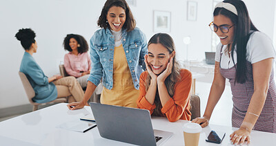 Buy stock photo Happy, collaboration and women with a laptop for an email, reading a notification or internet goal. Smile, coworking and excited friends or employees with a computer for success, website or business