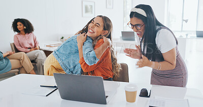 Buy stock photo Success, teamwork and hug with business people and laptop for congratulations, celebration or winner. Promotion, support and target with women in office for achievement, profit or goals together