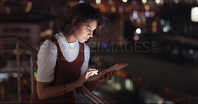 Buy stock photo Tablet, rooftop and professional woman typing, reading and check email communication, contact or working late online. Night, analysis and creative designer working on social media advertising layout