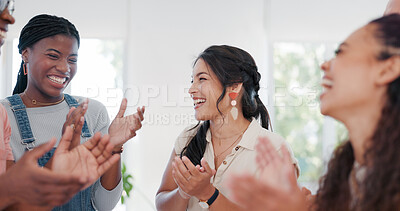 Buy stock photo Motivation, success and applause with a business team in an office together for a deal or bonus celebration. Support, winner or collaboration with an employee group clapping for a workplace promotion