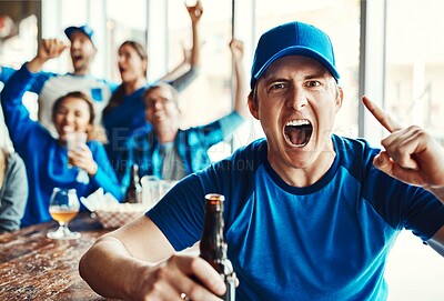 Buy stock photo Alcohol, man or celebration at sports bar with portrait, success or cheer for best team with friends. Beer, excited fan and person in pub for match goal, yes or shout for game win with number one
